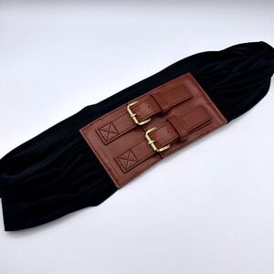 Michael Kors Black Stretch Fabric Belt Brown Faux Leather Double Buckle Gold